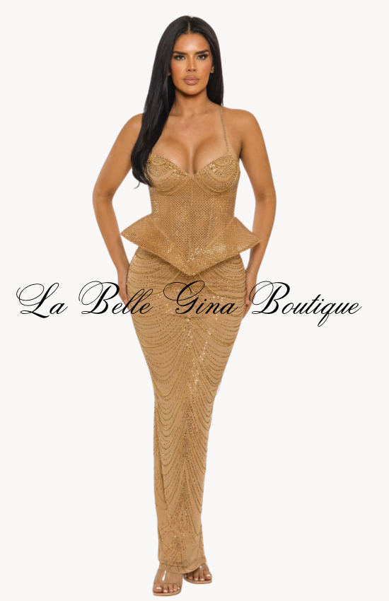 Gilded Siren Corset Peplum Maxi Dress – Luxury Rhinestone Evening Gown