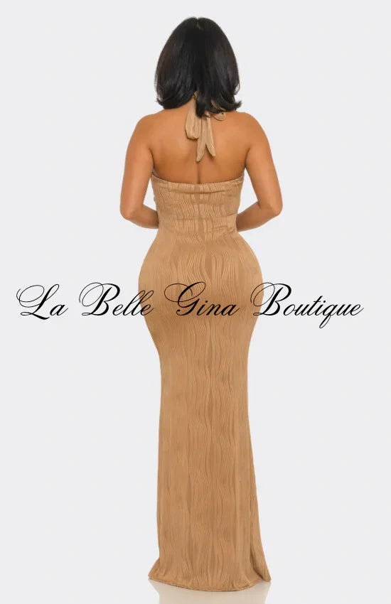 Golden Coast Halter Maxi Dress – Elegant Bodycon Resort Evening Dress | La Belle Gina Boutique