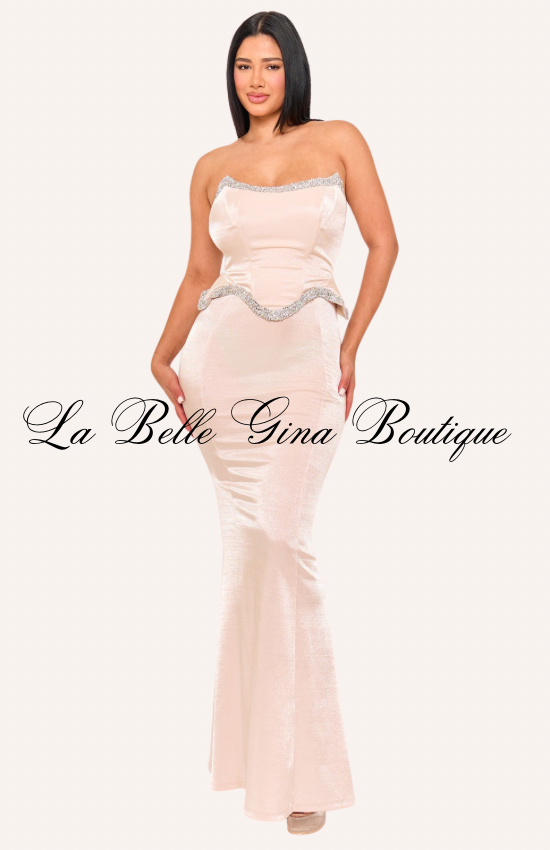 Celeste Glow Strapless Rhinestone Trim Mermaid Maxi Dress | La Belle Gina Boutique