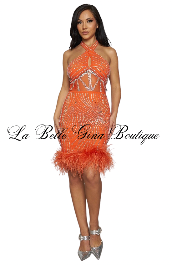 Amber Luxe Rhinestone Halter Mini Dress with Feather Hem – Glam Party Dres