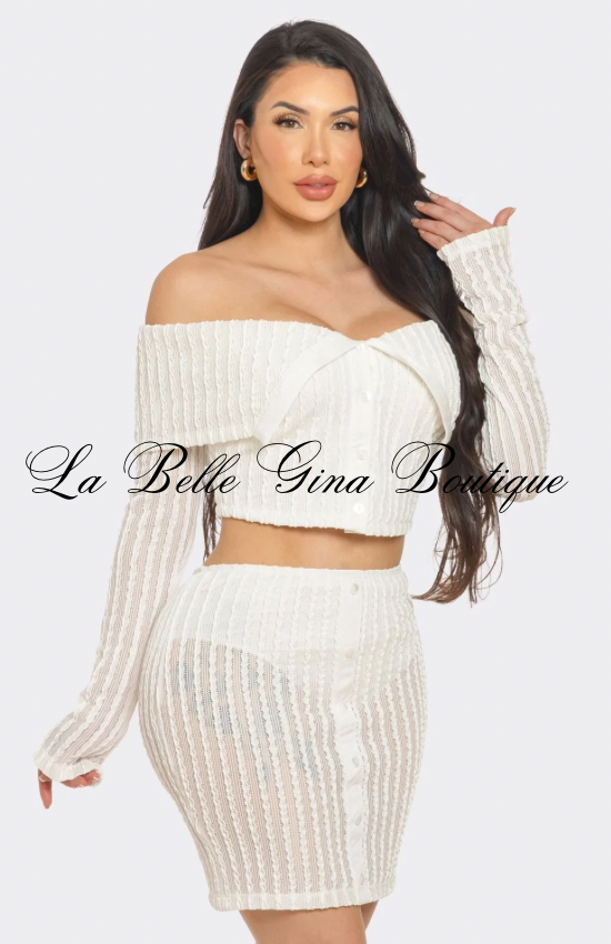 Midnight Muse Off-Shoulder Buttoned Two-Piece Mini Dress Set | Sexy Knit Skirt S