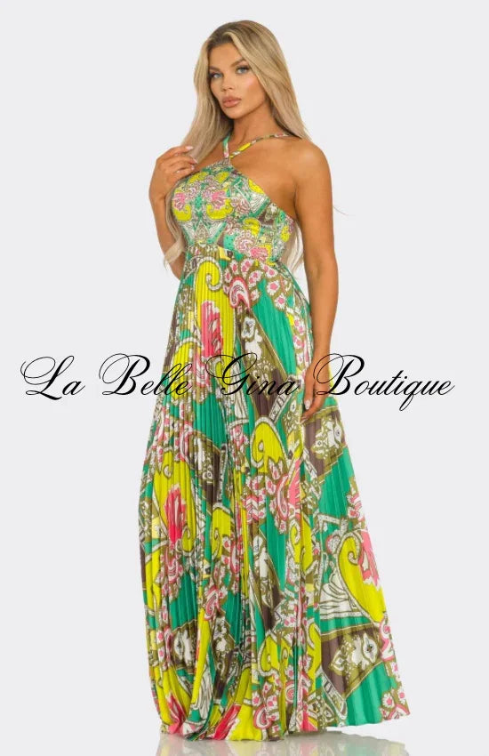 Luxury Printed Pleated Halter Maxi Dress Resort Vacation Flowing Summer Dress for Women Green Multi / S Luxury Printed Pleated Halter Maxi Dress Resort Vacation Flowing Summer Dress for Women Green Multi / S