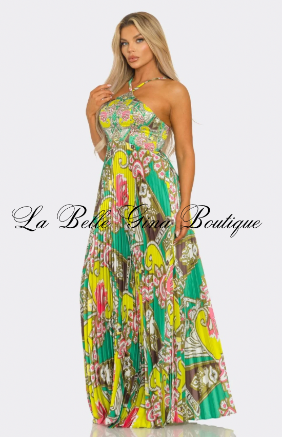 Luxury Printed Pleated Halter Maxi Dress – Resort Vacation Flowing Summer Dress for Women