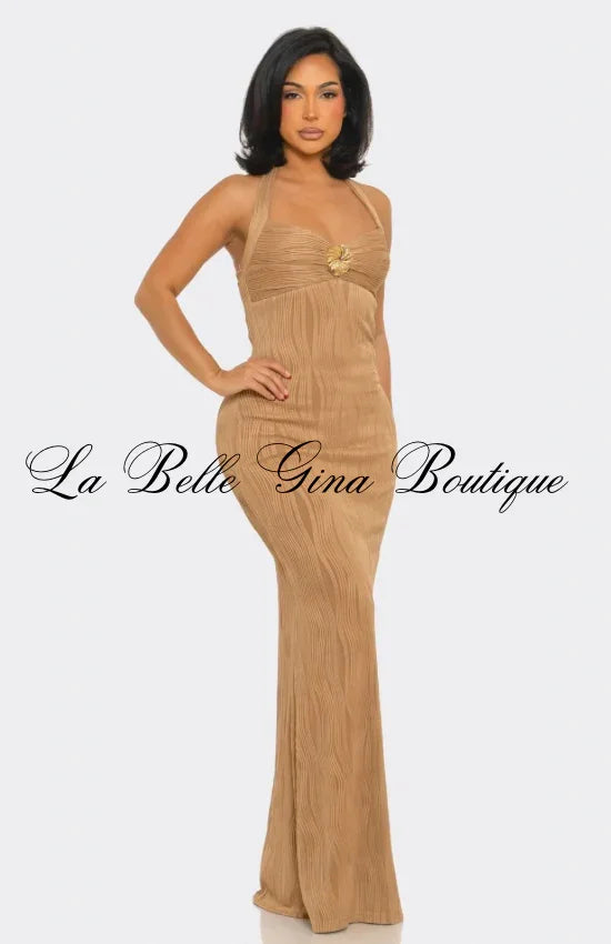 Golden Coast Halter Maxi Dress – Elegant Bodycon Resort Evening Dress | La Belle Gina Boutique