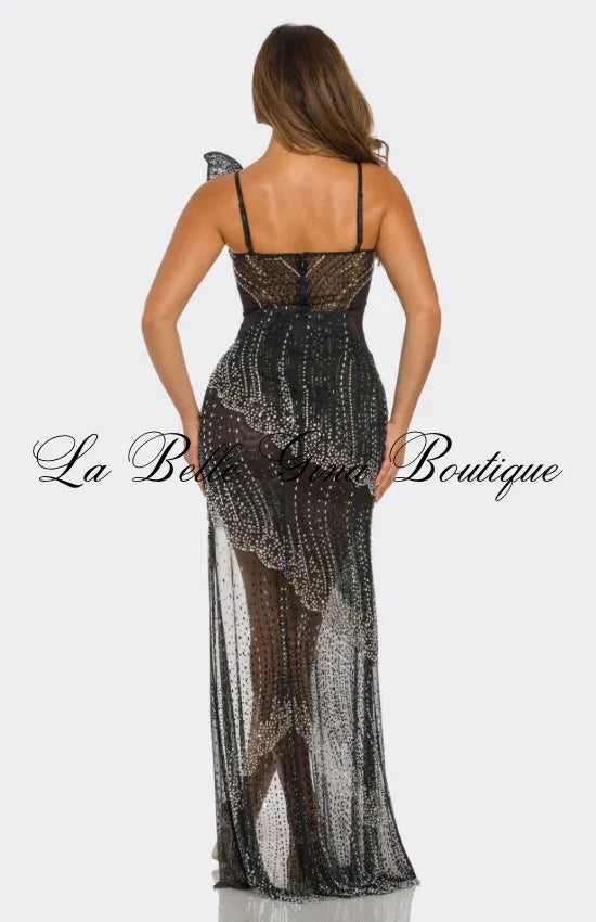 Midnight Temptress Black Crystal Illusion High-Slit Evening Gown | La Belle Gina Boutique