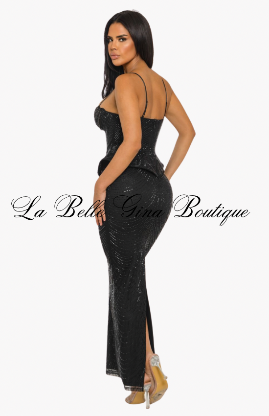 Gilded Siren Corset Peplum Maxi Dress – Luxury Rhinestone Evening Gown