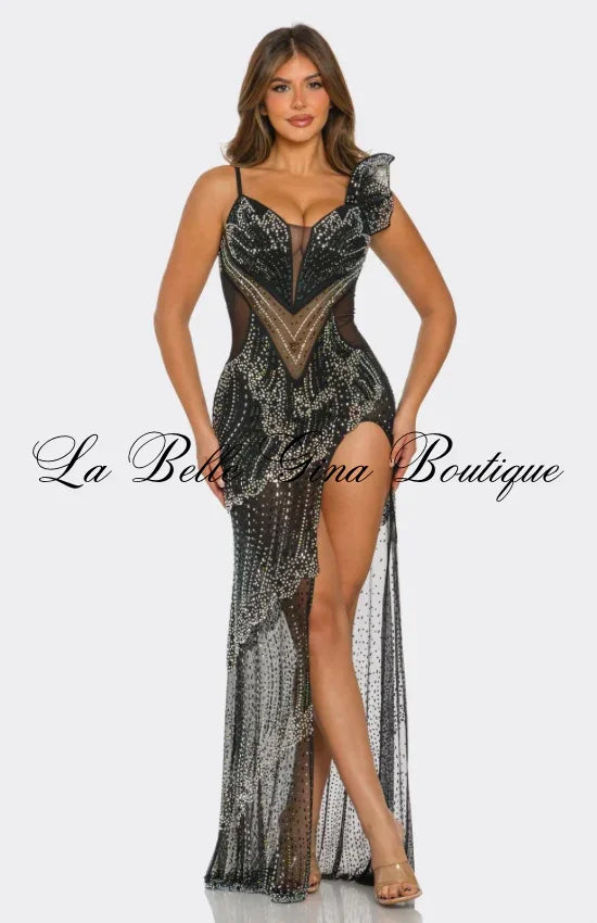 Midnight Temptress Black Crystal Illusion High-Slit Evening Gown | La Belle Gina Boutique