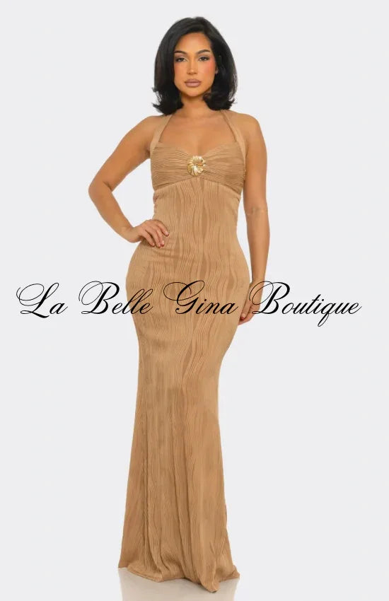 Golden Coast Halter Maxi Dress – Elegant Bodycon Resort Evening Dress | La Belle Gina Boutique