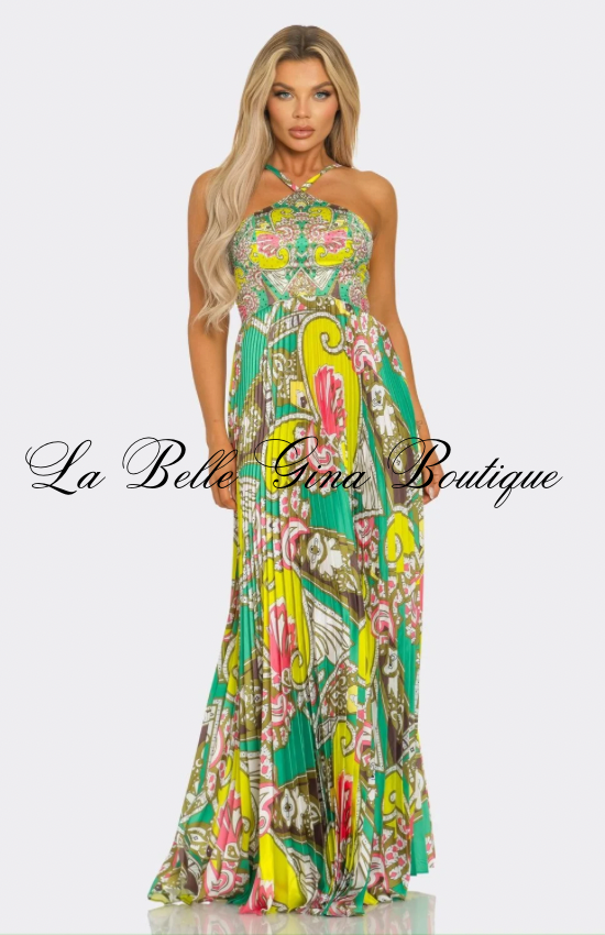 Luxury Printed Pleated Halter Maxi Dress – Resort Vacation Flowing Summer Dress for Women