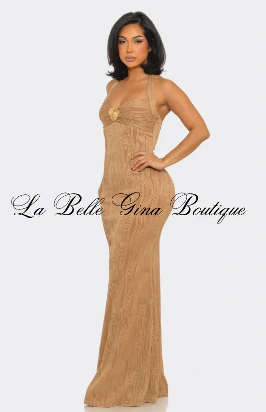 Golden Coast Halter Maxi Dress – Elegant Bodycon Resort Evening Dress | La Belle Gina Boutique