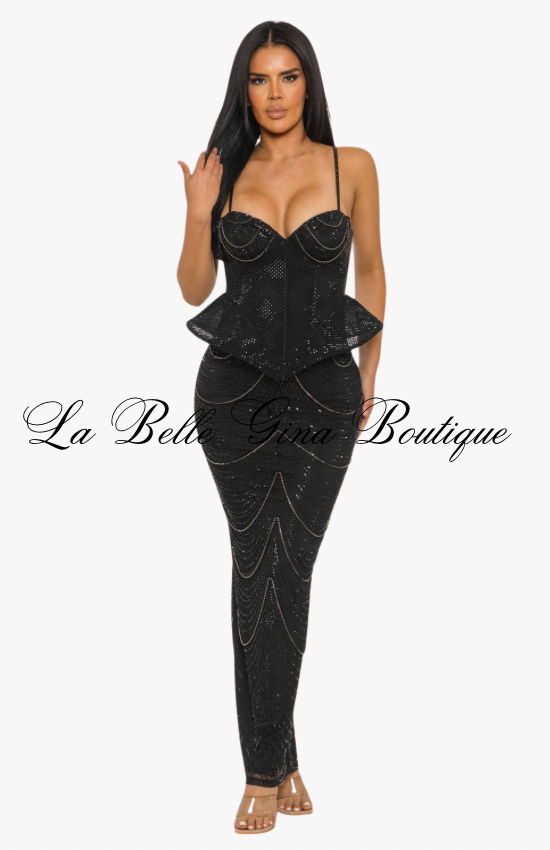 Gilded Siren Corset Peplum Maxi Dress – Luxury Rhinestone Evening Gown