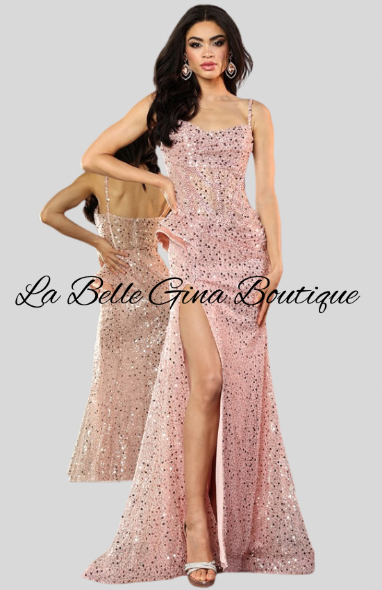 Blue Sequin Gown with High Slit – Elegant Evening Prom Dress