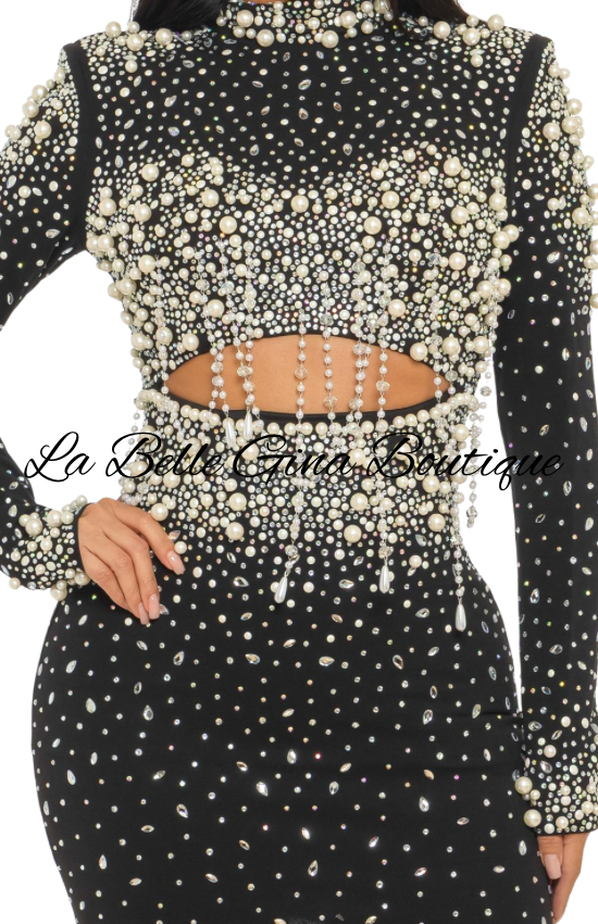 Luxury Pearl & Rhinestone Cutout Mini Dress – Long Sleeve Sparkly Bodycon | La Belle Gina Boutique