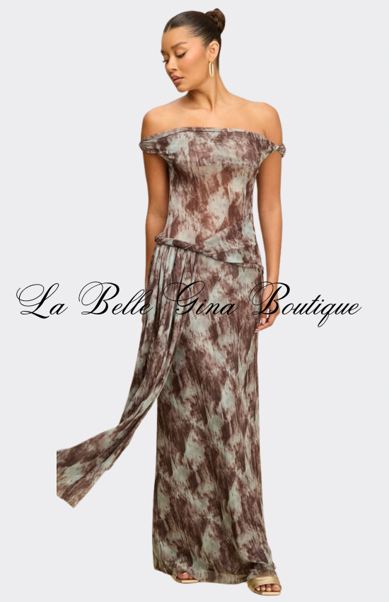 Golden Mirage Off-Shoulder Draped Maxi Dress – Elegant Tie-Dye Evening Dress for Women | La Belle Gina Boutique