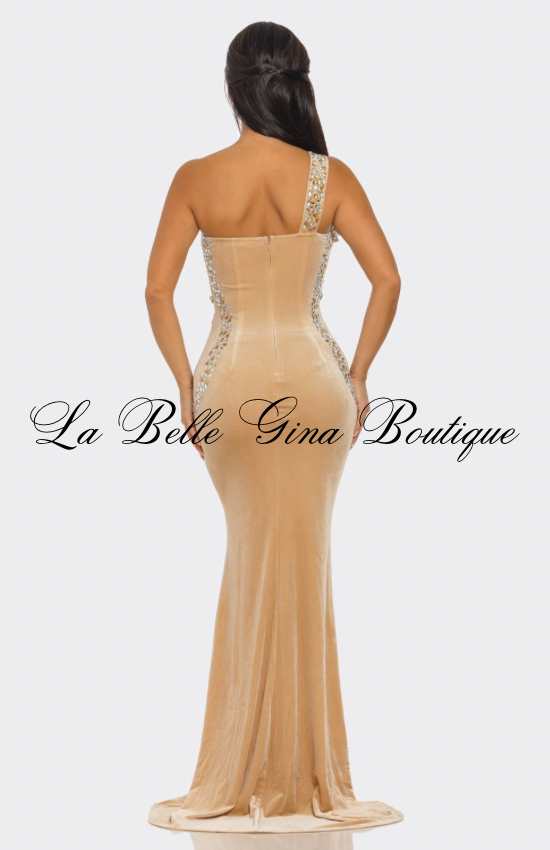 One-Shoulder Rhinestone Illusion Gown | Crystal Embellished Evening Dress – La Belle Gina Boutique
