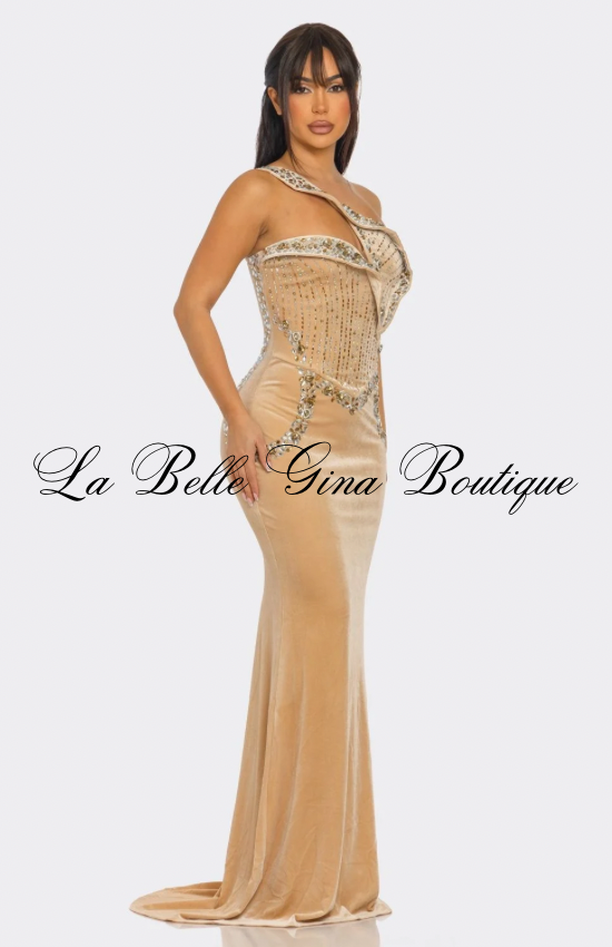 One-Shoulder Rhinestone Illusion Gown | Crystal Embellished Evening Dress – La Belle Gina Boutique