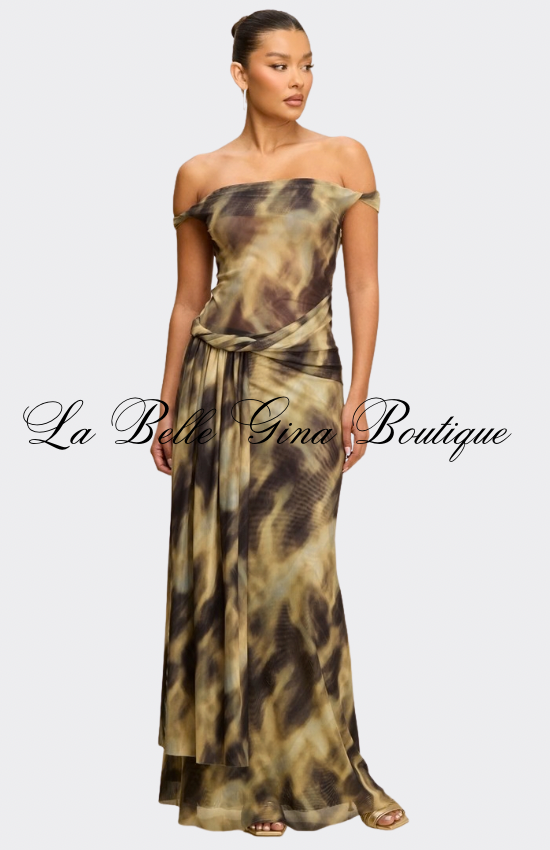 Golden Mirage Off-Shoulder Draped Maxi Dress – Elegant Tie-Dye Evening Dress for Women | La Belle Gina Boutique