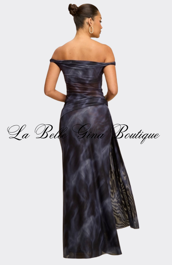 Golden Mirage Off-Shoulder Draped Maxi Dress – Elegant Tie-Dye Evening Dress for Women | La Belle Gina Boutique