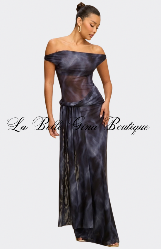 Golden Mirage Off-Shoulder Draped Maxi Dress – Elegant Tie-Dye Evening Dress for Women | La Belle Gina Boutique