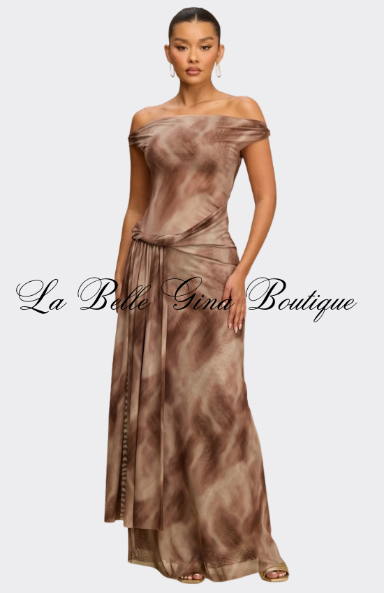 Golden Mirage Off-Shoulder Draped Maxi Dress – Elegant Tie-Dye Evening Dress for Women | La Belle Gina Boutique