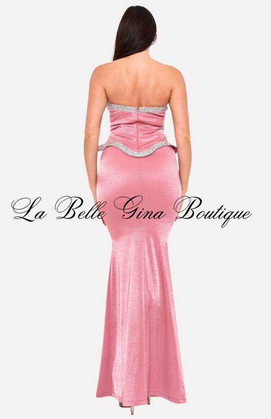 Celeste Glow Strapless Rhinestone Trim Mermaid Maxi Dress | La Belle Gina Boutique