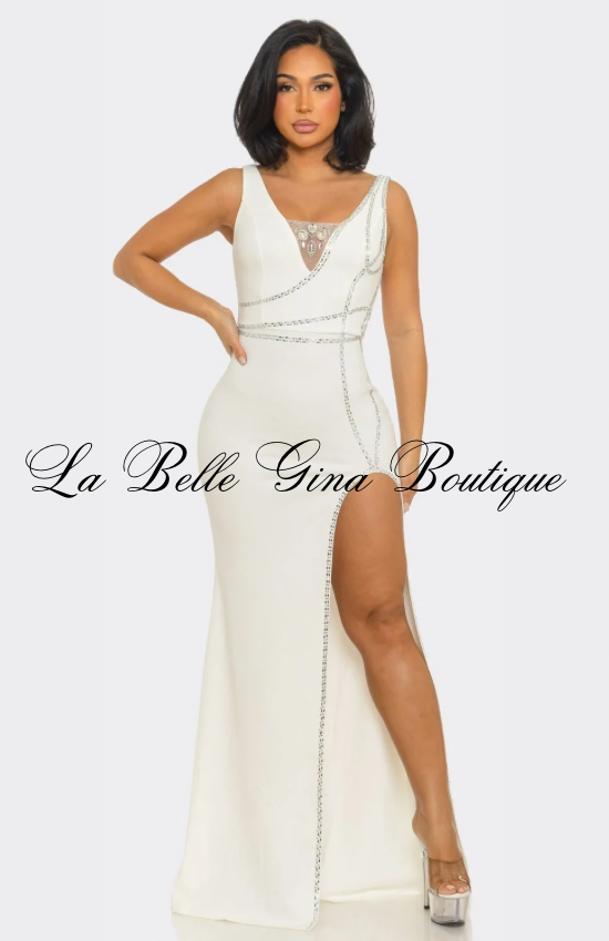 Diamond Allure Crystal Trim Maxi Dress – Elegant High Slit Evening Gown | La Belle Gina BoutiqueL