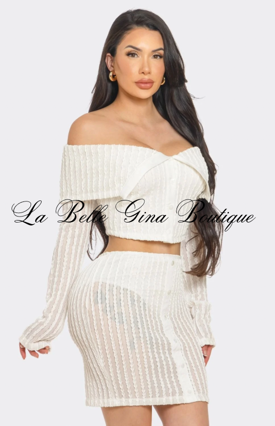 Midnight Muse Off-Shoulder Buttoned Two-Piece Mini Dress Set | Sexy Knit Skirt S