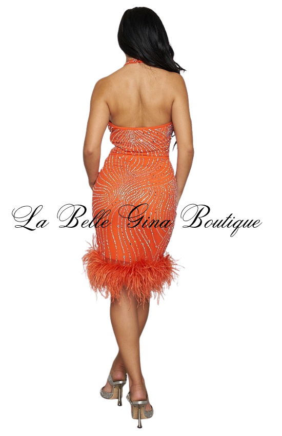 Amber Luxe Rhinestone Halter Mini Dress with Feather Hem – Glam Party Dres