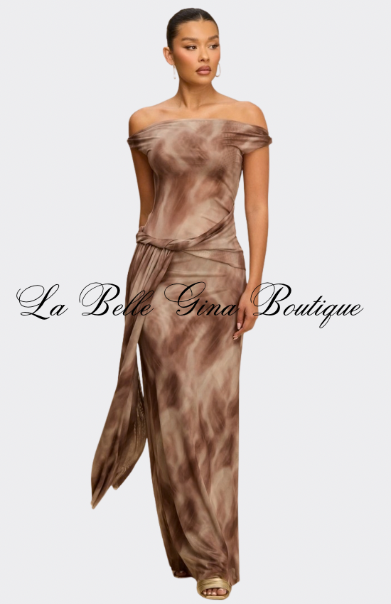 Golden Mirage Off-Shoulder Draped Maxi Dress – Elegant Tie-Dye Evening Dress for Women | La Belle Gina Boutique