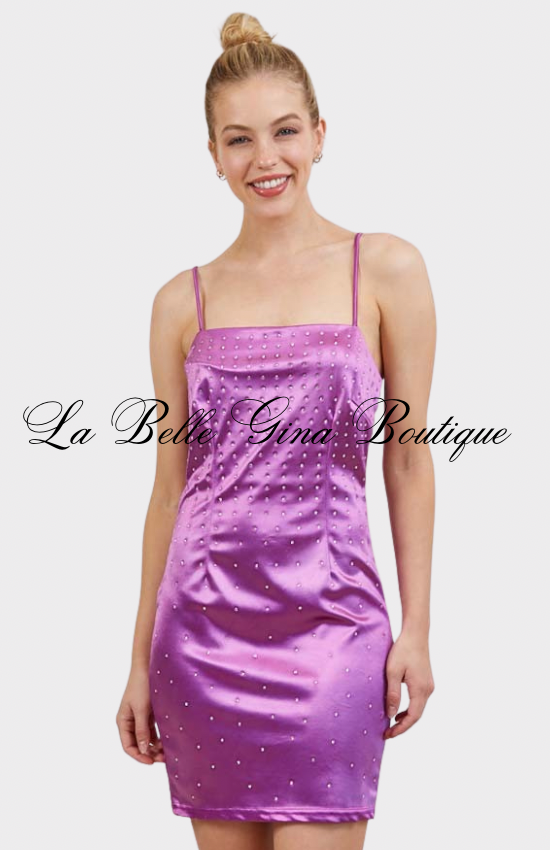Midnight Sparkle Rhinestone Satin Mini Dress – Sexy Spaghetti Strap Bodycon Party Dress
