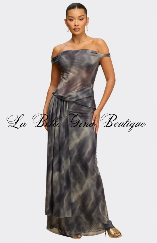 Golden Mirage Off-Shoulder Draped Maxi Dress – Elegant Tie-Dye Evening Dress for Women | La Belle Gina Boutique