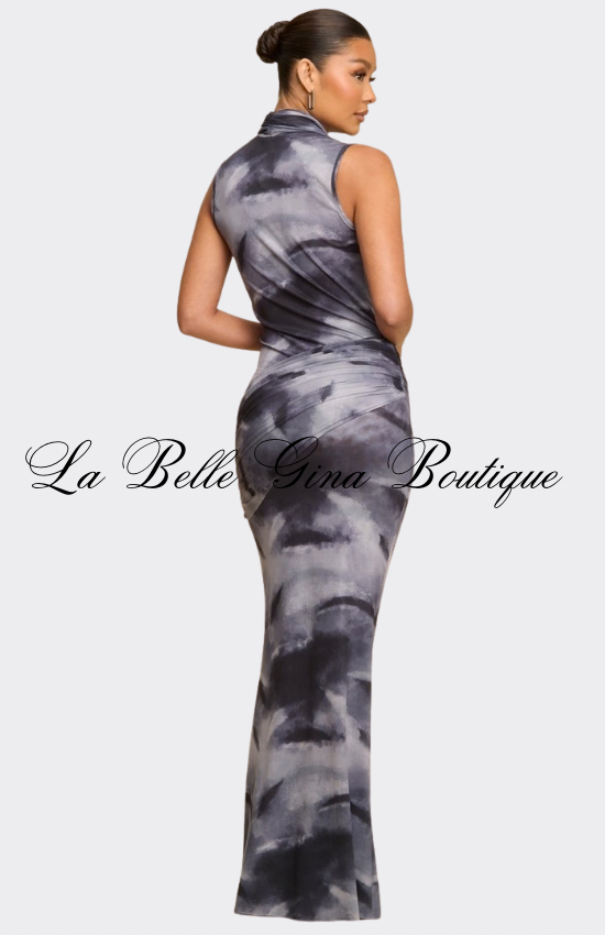 Desert Muse Tie-Dye Draped Maxi Dress – Elegant Bodycon Evening Dress for Women | La Belle Gina Boutique