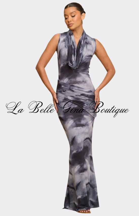 Desert Muse Tie-Dye Draped Maxi Dress – Elegant Bodycon Evening Dress for Women | La Belle Gina Boutique