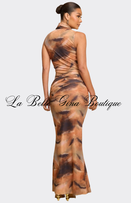 Desert Muse Tie-Dye Draped Maxi Dress – Elegant Bodycon Evening Dress for Women | La Belle Gina Boutique