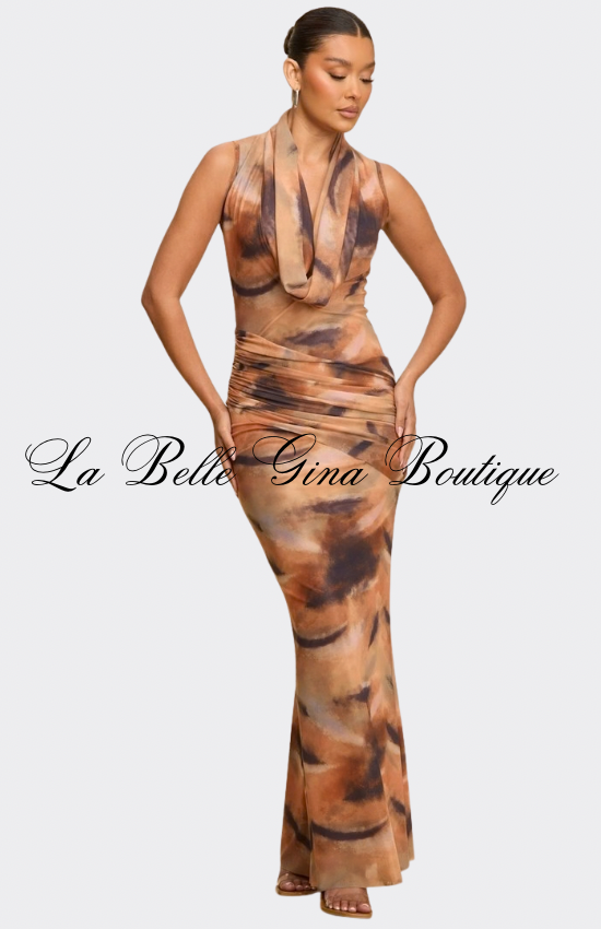 Desert Muse Tie-Dye Draped Maxi Dress – Elegant Bodycon Evening Dress for Women | La Belle Gina Boutique