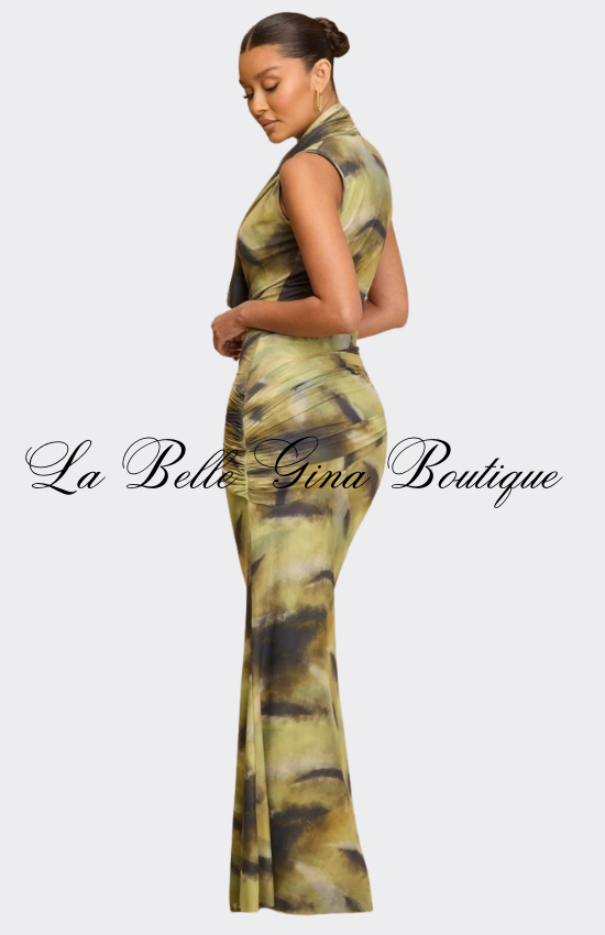 Desert Muse Tie-Dye Draped Maxi Dress – Elegant Bodycon Evening Dress for Women | La Belle Gina Boutique