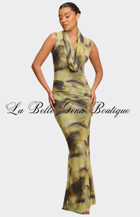 Desert Muse Tie-Dye Draped Maxi Dress – Elegant Bodycon Evening Dress for Women | La Belle Gina Boutique