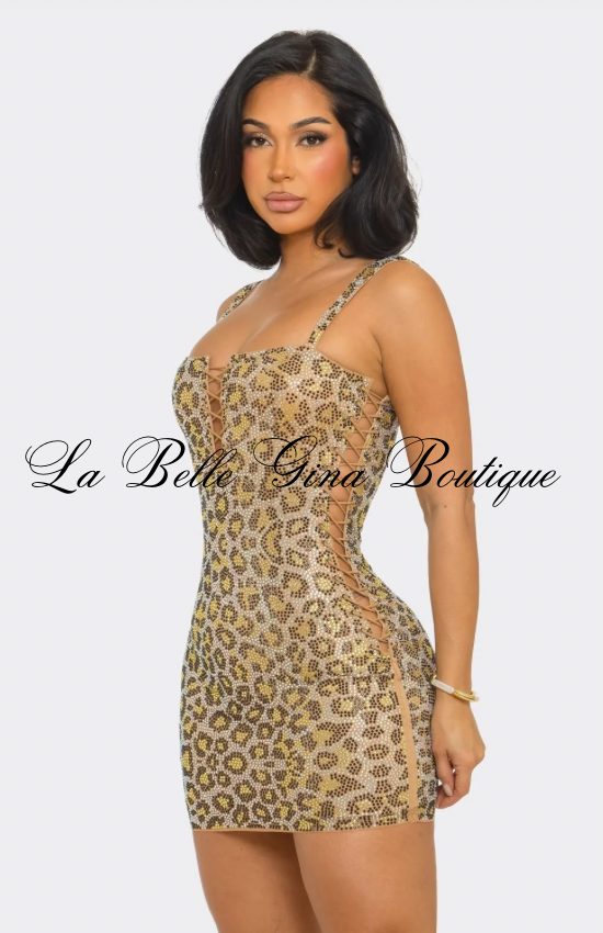 Golden Savage Leopard Print Rhinestone Lace-Up Mini Dress | Sexy Bodycon Club Dress for Women