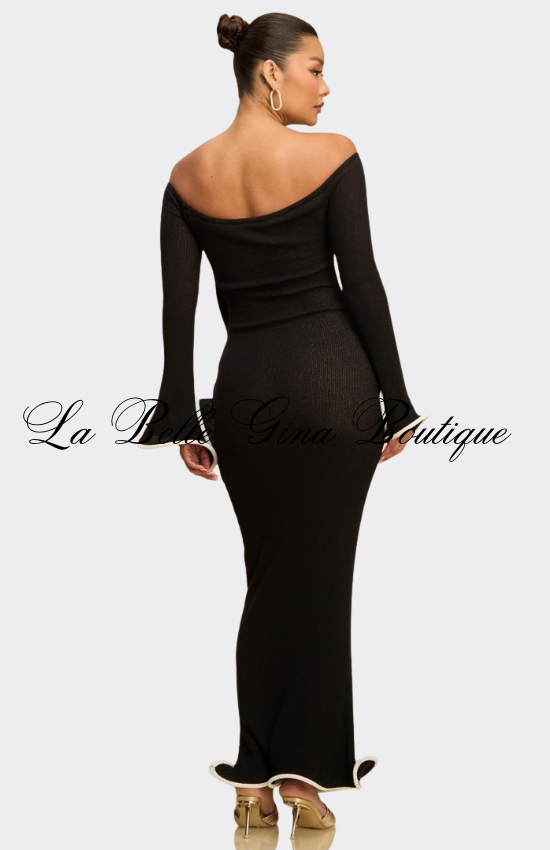 Midnight Elegance Off-Shoulder Ruffle Trim Maxi Dress – Luxury Black Bodycon Evening Gown | La Belle Gina Boutique