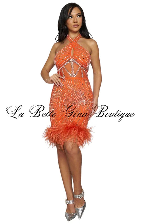 feather rhinestone mini dress Ziva Strapless Sequin Mini Dress W/ Feather Trim- Emerald