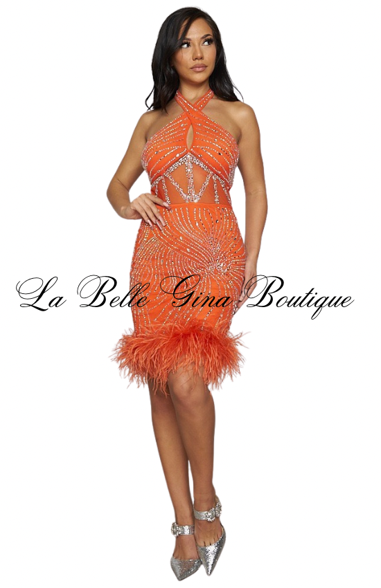 Amber Luxe Rhinestone Halter Mini Dress with Feather Hem – Glam Party Dres