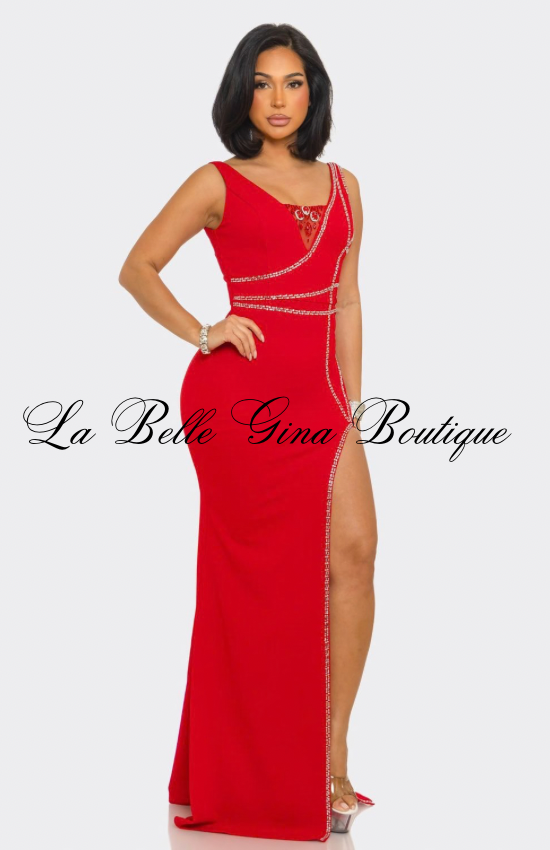 Diamond Allure Crystal Trim Maxi Dress – Elegant High Slit Evening Gown | La Belle Gina BoutiqueL