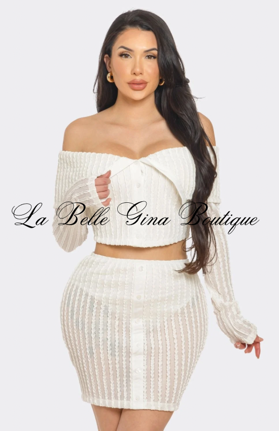 Midnight Muse Off-Shoulder Buttoned Two-Piece Mini Dress Set | Sexy Knit Skirt S