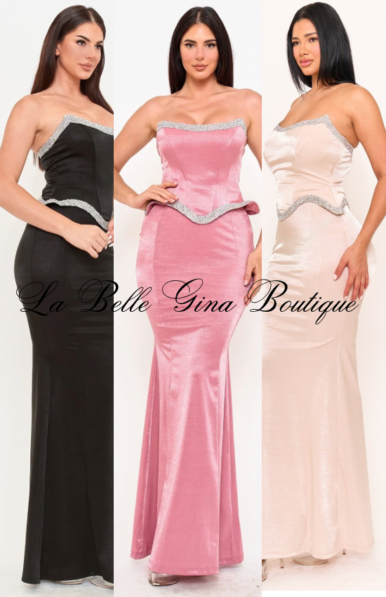 Celeste Glow Strapless Rhinestone Trim Mermaid Maxi Dress | La Belle Gina Boutique