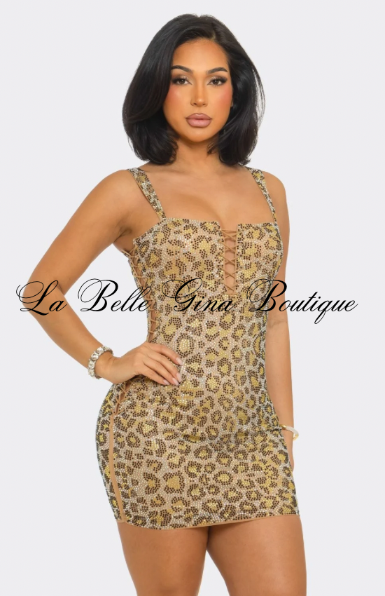 Golden Savage Leopard Print Rhinestone Lace-Up Mini Dress | Sexy Bodycon Club Dress for Women