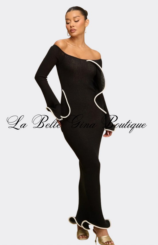 Midnight Elegance Off-Shoulder Ruffle Trim Maxi Dress – Luxury Black Bodycon Evening Gown | La Belle Gina Boutique