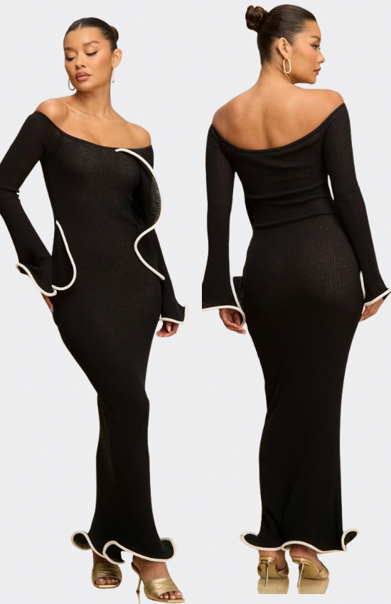 Midnight Elegance Off-Shoulder Ruffle Trim Maxi Dress – Luxury Black Bodycon Evening Gown | La Belle Gina Boutique