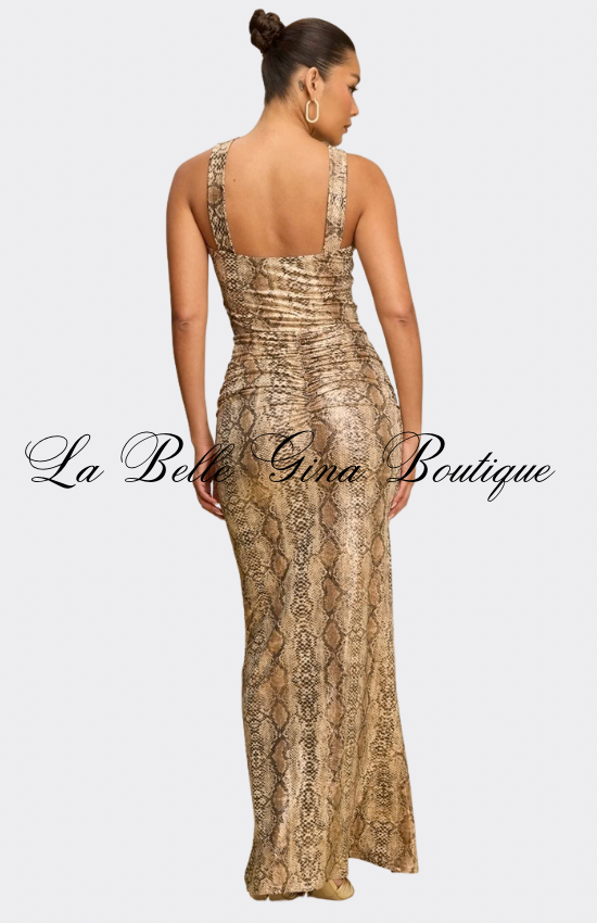 Golden Halter Maxi Dress – Luxury Bodycon Evening Gown for Women | La Belle Gina Boutique
