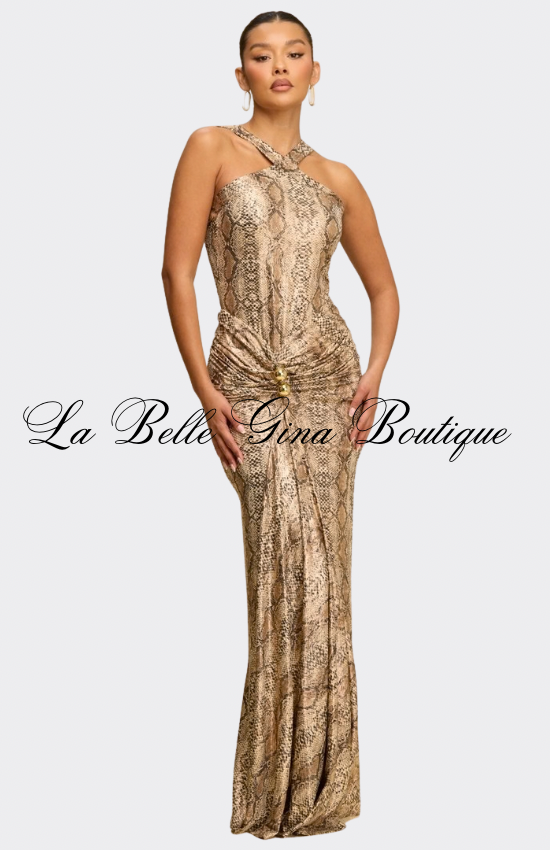Golden Halter Maxi Dress – Luxury Bodycon Evening Gown for Women | La Belle Gina Boutique