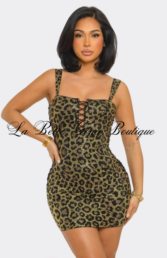 Golden Savage Leopard Print Rhinestone Lace-Up Mini Dress | Sexy Bodycon Club Dress for Women